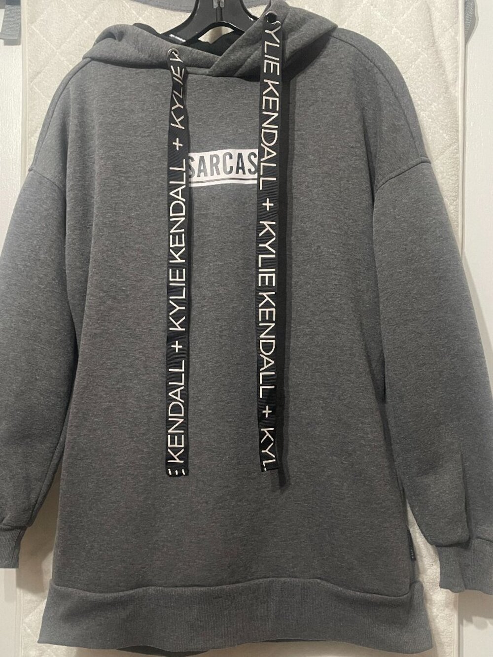 Kendall + Kylie OVS Charcoal Grey Sarcasm Hoodie Graphic Drawstring Long SZ S
